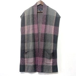 Chaps Open Front Cardigan Sweater Purple Gray Plaid Pockets M